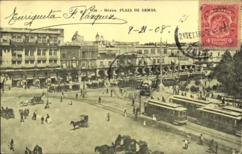 Ak Ciudad de Mexico Mexico City Mexiko Stadt, Plaza de Armas,  Straßenbahn, Menschen, Pferdekutsc