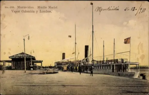 Ak Montevideo Uruguay, Schiff Vapor Colombia, Muelle Maciel,  Hafenansicht, Personen am Kai