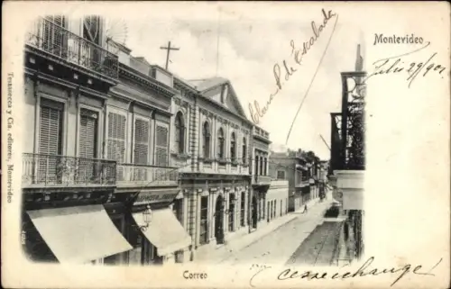 Ak Montevideo Uruguay, Straße in  Geschäfte, Poststempel, Text auf Spanisch
