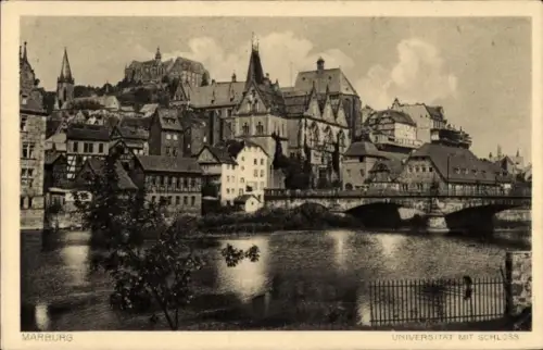 Ak Marburg an der Lahn, Universität mit Schloss, Fluss, Brücke,  Gebäude