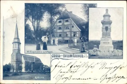 Ak Hamburg Bergedorf Billwerder Billwärder, Kirche, Landhaus W. Krogmann, Gedenkstein