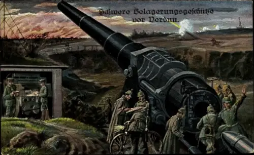 Künstler Ak, Schwere Belagerungsgeschütze vor Verdun, Soldaten und Geschütze