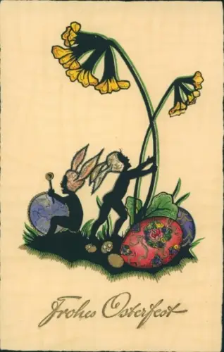 Präge Scherenschnitt Ak Glückwunsch Ostern, Blumen, Ostereier, Kinder