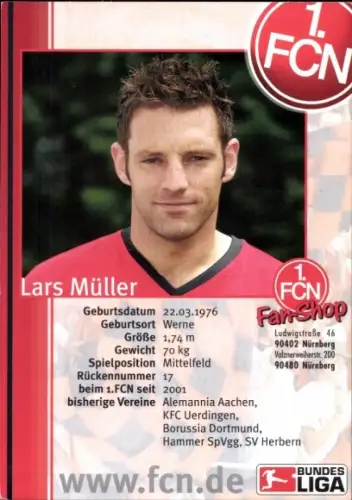 Autogrammkarte Fußballer Lars Müller, 1. FC Nürnberg, Autogramm