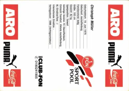 Autogrammkarte Fußballer Christoph Müller, 1. FC Nürnberg, Autogramm