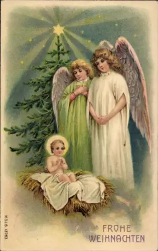 Präge Ak Glückwunsch Weihnachten, Engel, Tannenbaum, Jesuskind