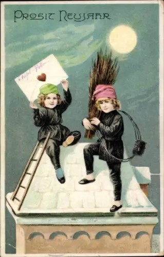 Präge Ak Glückwunsch Neujahr, Schornsteinfeger, Dach, Mond