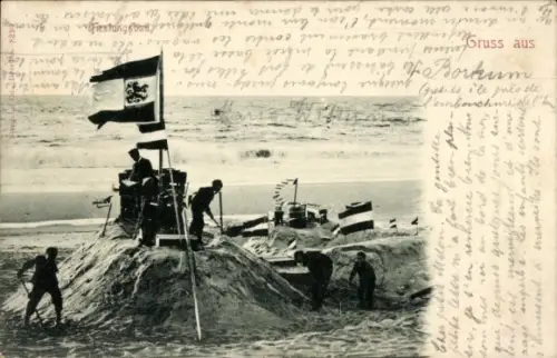 Ak Strandleben an der Nordsee, Festungsbau, Sandburg, Fahnen