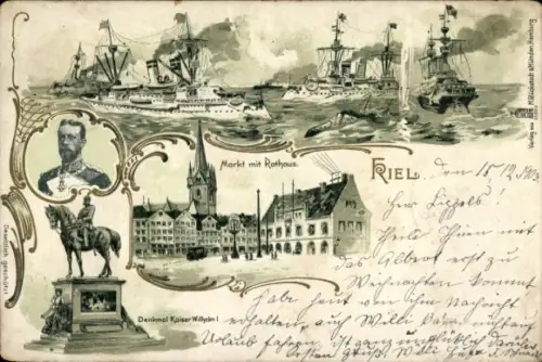 Litho Kiel, Markt mit Rathaus, Denkmal Kaiser Wihelm I., Kriegsschiffe, Prinz Heinrich