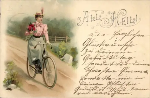 Litho All Heil, Frau auf einem Fahrrad
