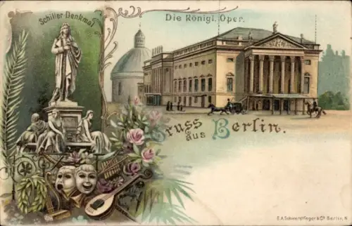 Litho Berlin Mitte, Alexanderplatz, Schiller Denkmal, Königliche Oper