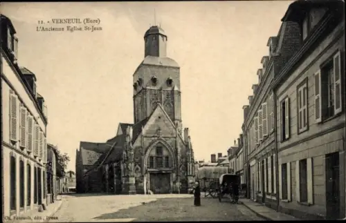 Ak Les Bois Francs Verneuil Eure, Alte Kirche St-Jean,  Architektur, Straße, Gebäude