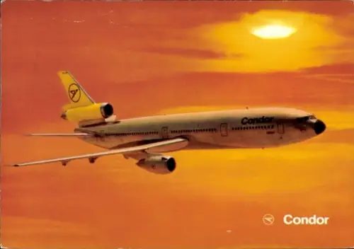 Ak Passagierflugzeug Condor DC-10-30, Sonnenuntergang