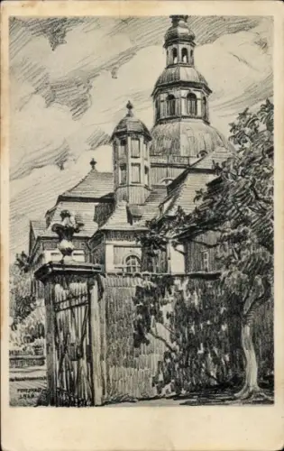 Ak Jelenia Góra Hirschberg Riesengebirge Schlesien, Zeichnung Gnadenkirche, Baum, Himmel, Zeichnu