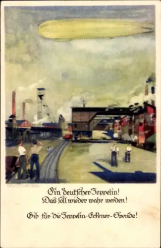 Künstler Ak Amtsberg, Otto, Ein Deutscher Zeppelin, Eckener Spende, Luftschiff, Industrieanlagen