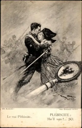 Künstler Ak Scott, G., En Alsace, Elsässer Tracht, Schlacht, Patriotik Frankreich