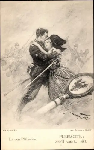 Künstler Ak Scott, G., En Alsace, Elsässer Tracht, Schlacht, Patriotik Frankreich