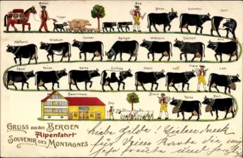 Präge Litho Alpenfahrt, Kühe, Bauernhaus, Ziegen, Schweine, Hund, Pferd