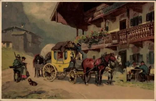 Künstler Litho Reisen im Gebirge, Postkutsche, Meissner & Buch