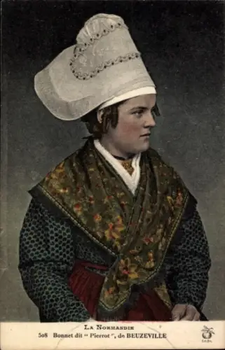 Ak Normandie, Le Pierrot de Beuzeville, Frau in Tracht