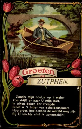 Gedicht Passepartout Ak Zutphen Gelderland, Grüße aus, Mann im Ruderboot
