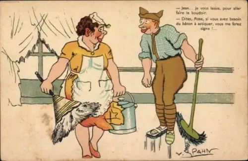 Künstler Ak Frau und Mann beim Aufräumen, Besen, Eimer, Gespräch, Humor