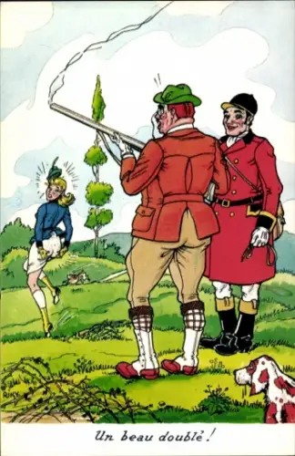 Künstler Ak Jagdszene, Jäger hat Po einer Frau getroffen