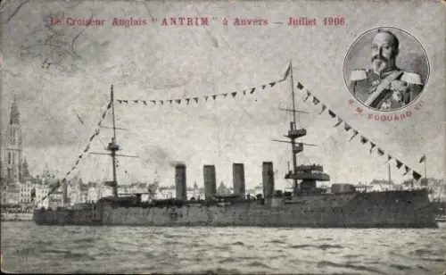 CPA Anvers Anvers Flandre, Croiseur Anglais Antrim, Juillet 1906