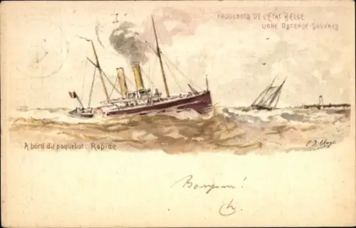 Ganzsachen Künstler Litho Belgien, Fährschiff Princesse Clementine, Linie Ostende Dover