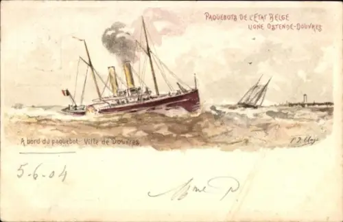 Ganzsachen Künstler Litho Belgien, Fährschiff Princesse Clementine, Linie Ostende Dover