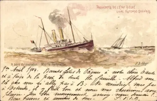 Ganzsachen Künstler Litho Belgien, Fährschiff Princesse Clementine, Linie Ostende Dover