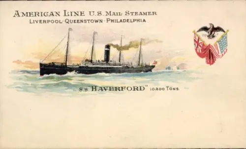 Litho SS Haverford, American Line, US Mail Steamer