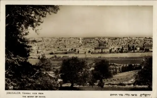 Ak Jerusalem Israel, Blick auf  Ölberg, Stadtansicht, Hebräischer Text