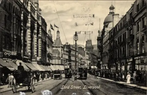 Ak Liverpool Merseyside England, Lord Street,   Straßenansicht, Pferdewagen, Menschenmenge