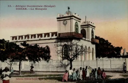 Ak Dakar Senegal, Moschee in  Senegal, Menschenmenge, Bäume, Zaun