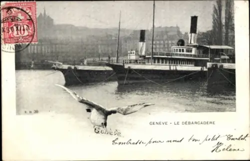 Ak Genf Stadt Schweiz, Schiff im Hafen,  Text in Französisch, Poststempel