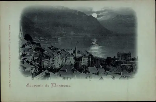 Ak Montreux Kanton Waadt Schweiz, Blick auf  See, Mond, Häuser, Berge