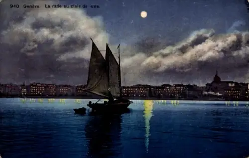Ak Genf Stadt Schweiz,  Hafenansicht bei Nacht, Segelboot, Mondschein