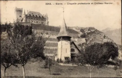Ak Siders Sierre Kanton Wallis, Kapelle, Château Mercier, Bäume, Landschaft