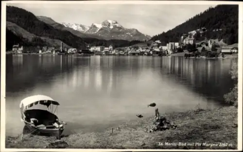 Ak Sankt Moritz Kanton Graubünden, Bad mit PizMargna, Boot am Ufer