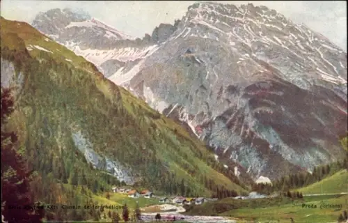 Ak Preda Kanton Graubünden, Berglandschaft, Preda, Grisons, Chemin de fer rhétique, kleine Siedlu