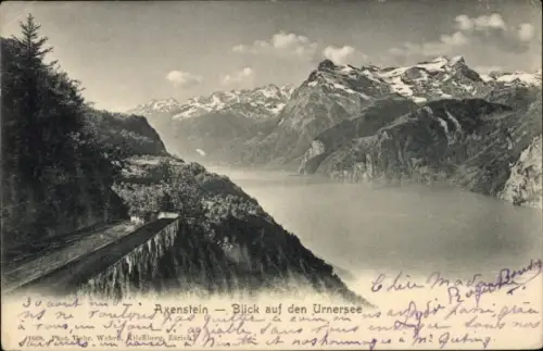 Ak Axenstein Kanton Schwyz, Blick auf den Urnersee, Berge im Hintergrund,  mit Text