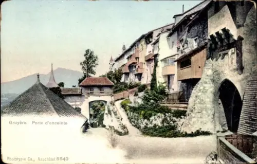Ak Broc Gruyère Kanton Freiburg,  Porte d'enceinte, farbige , Landschaft, Gebäude