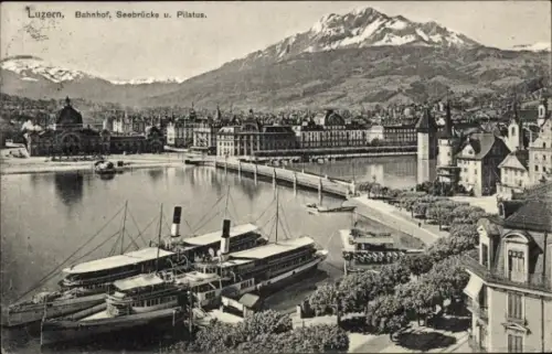 Ak Lucerne Luzern Stadt Schweiz,  Bahnhof, Seebrücke, Pilatus, Dampfschiffe