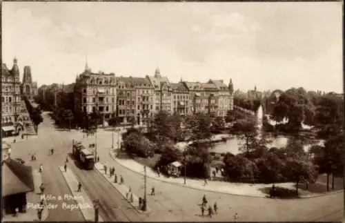 Ak Köln am Rhein, Köln a. Rhein, Platz der Republik, Straßenbahn, Park, Gebäude