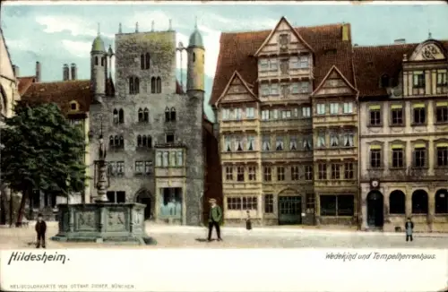 Ak Hildesheim in Niedersachsen,  Wedekindhaus, Tempelherrenhaus, Brunnen