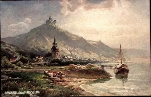 Ak Braubach am Rhein,  Marksburg, Fluss, Boote, Landschaft