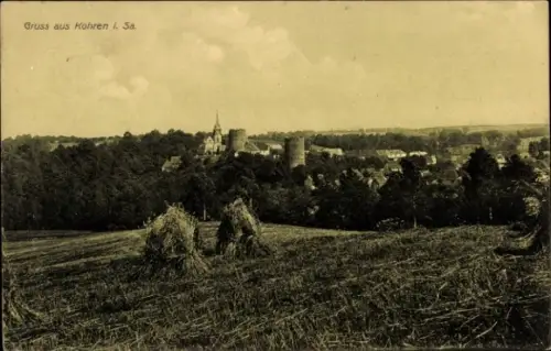 Ak Kohren Sahlis Frohburg Sachsen, Landschaft mit Wiesen, Strohballen, Kirche, Burgruine, Ort Koh