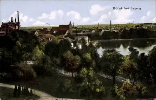 Ak Borna in Sachsen, Borna bei Leipzig, Stadtansicht, Fluss, Bäume, Industrie