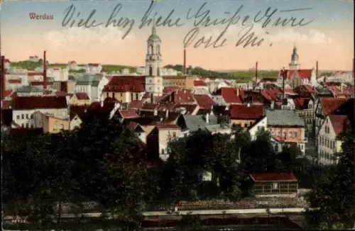 Ak Werdau in Sachsen, Stadtansicht  viele Häuser, Kirchturm, Industrieanlagen